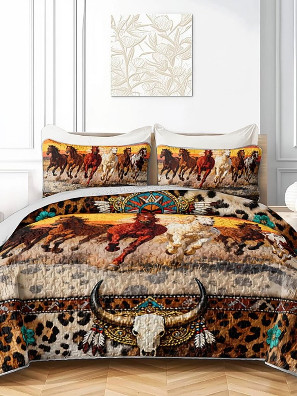 Western Horse Quilted Bedding Set Queen Size, 3-Piece Running Horses Sunset